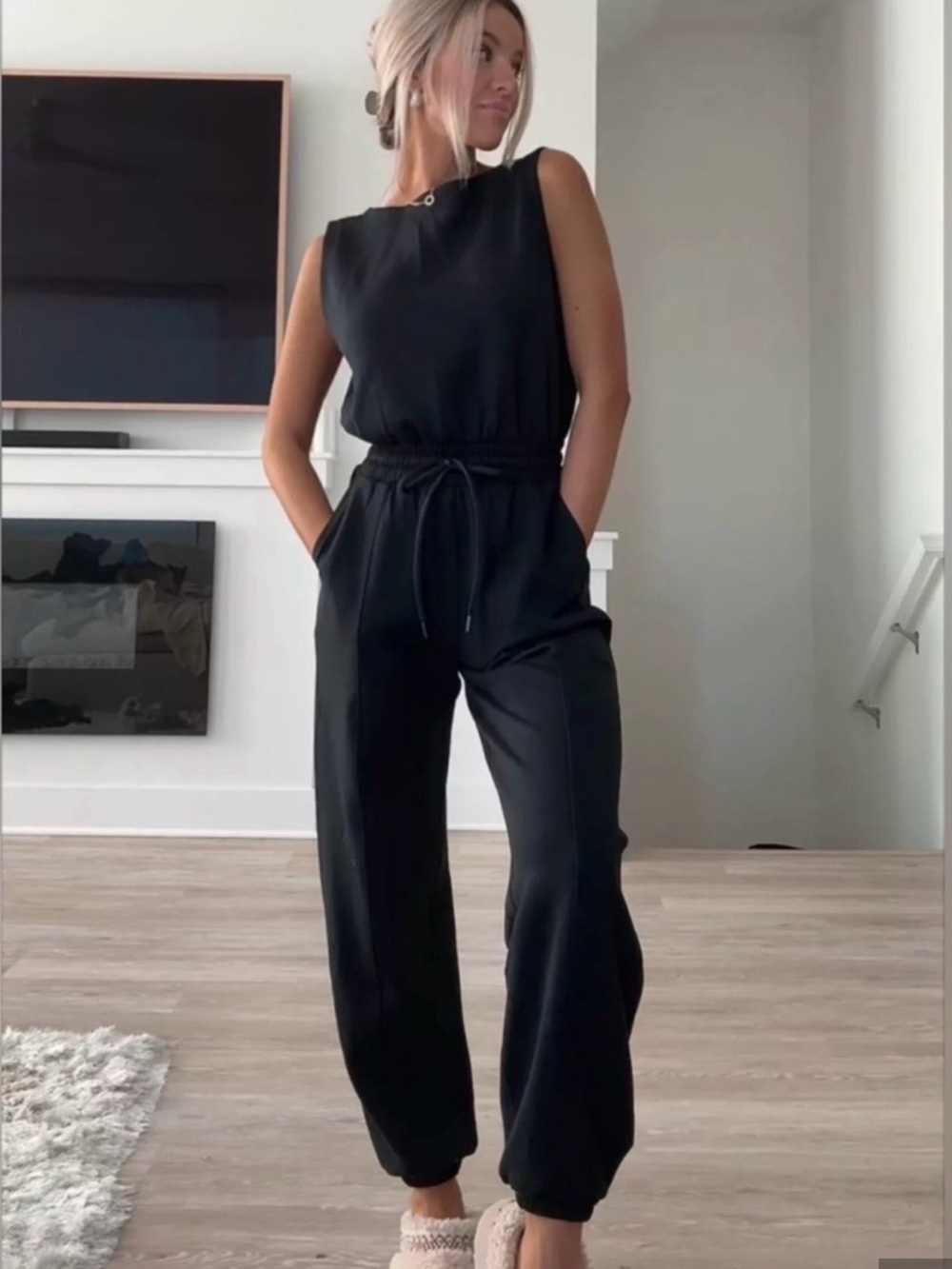 Abercrombie YPB Women's neoKNIT Black Sleeveless Drawstring Jogger Jumpsuit